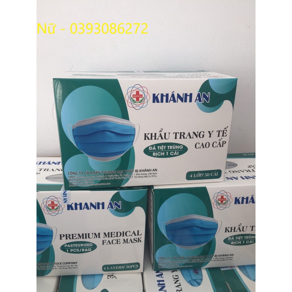 Khẩu trang y tế tiệt trùng từng cái Khánh An hộp 50 chiếc màu xanh - hàng sẵn - chính hãng