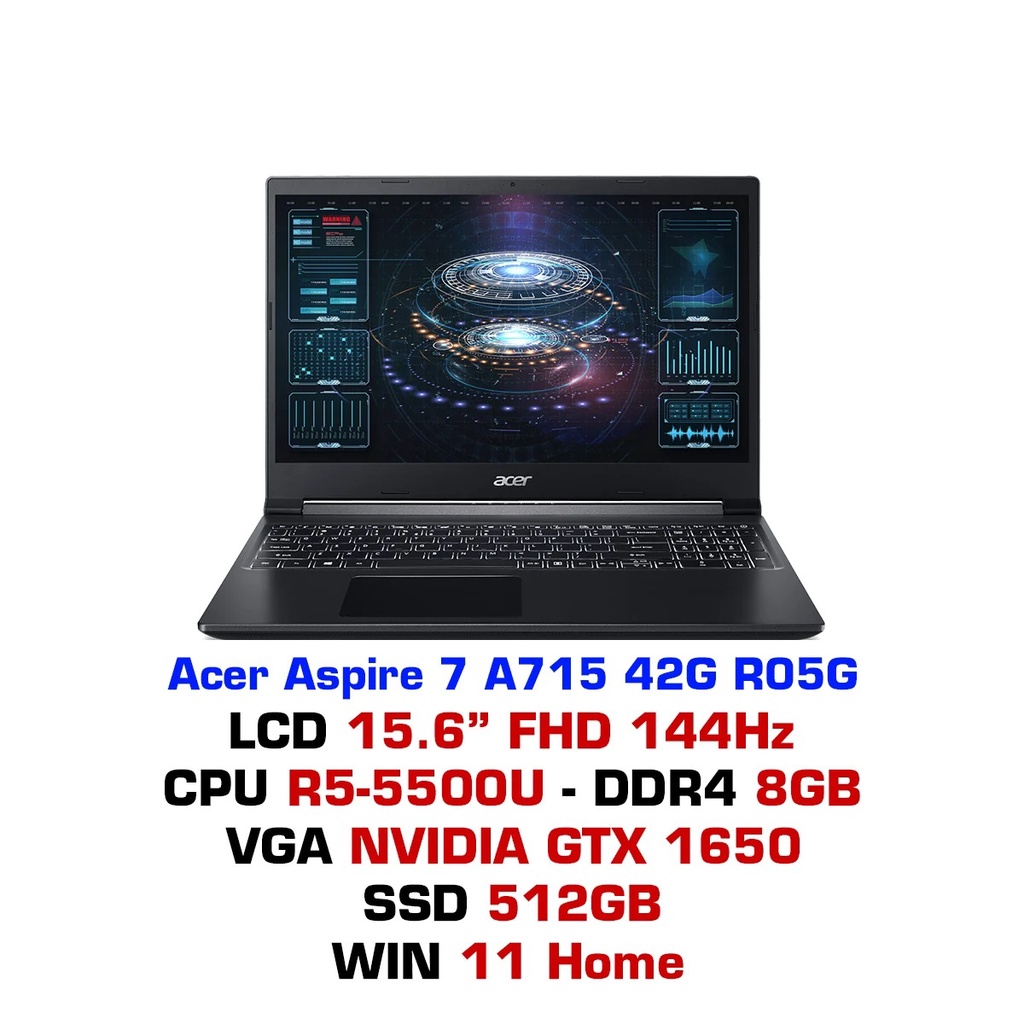 Laptop gaming Acer Aspire 7 A715-42G-R4ST (R5-5500U/RAM 8GB/ SSD 256GB/15.6inch FHD IPS/AX/Win/GTX 1650 4G/2kg Đen)