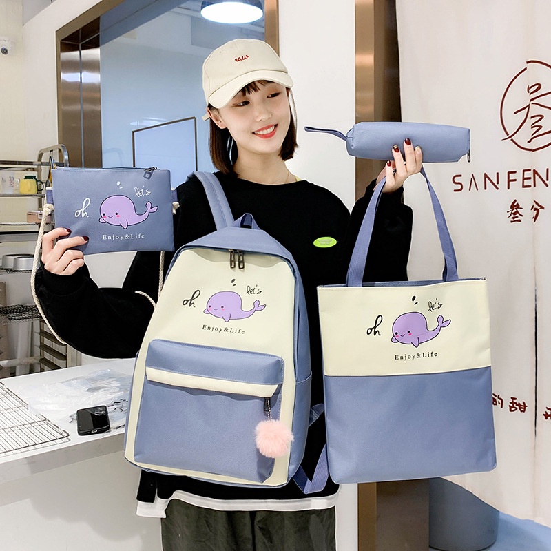 Balo 4 Món Ulzzang học sinh sinh viên laptop giá rẻ cấp 1 2 3 - Set balo 4 món cá voi