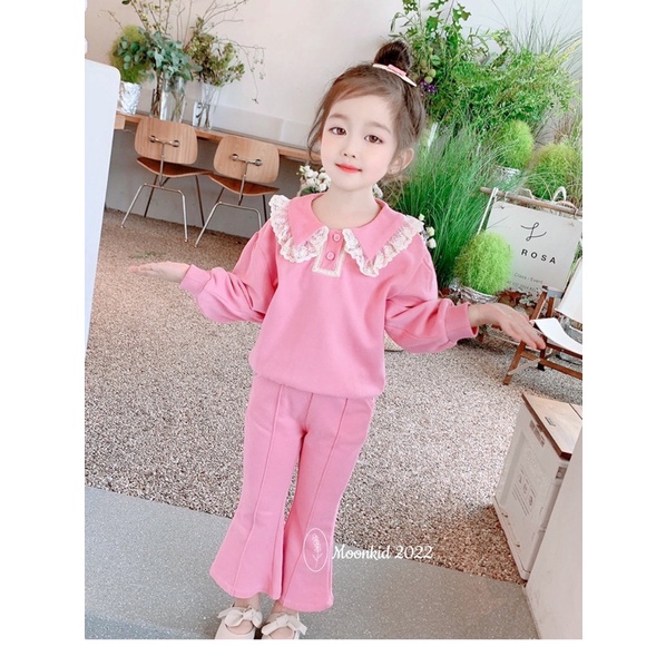 Set bộ quần áo da cá phối cổ ren cho bé gái