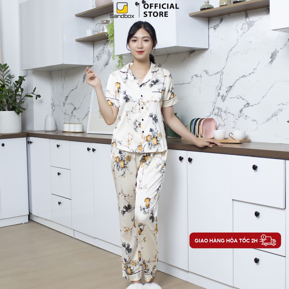 Đồ bộ pijama mặc nhà SANDBOX chất liệu lụa satin Nhật cao cấp thiết kế quần dài áo cộc họa tiết trẻ trung