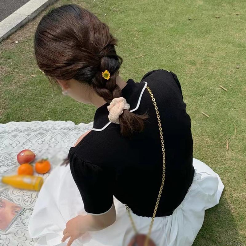 Áo Croptop Dệt Kim Tay Ngắn Thiết Kế Thanh Lịch Cho Phái Nữ