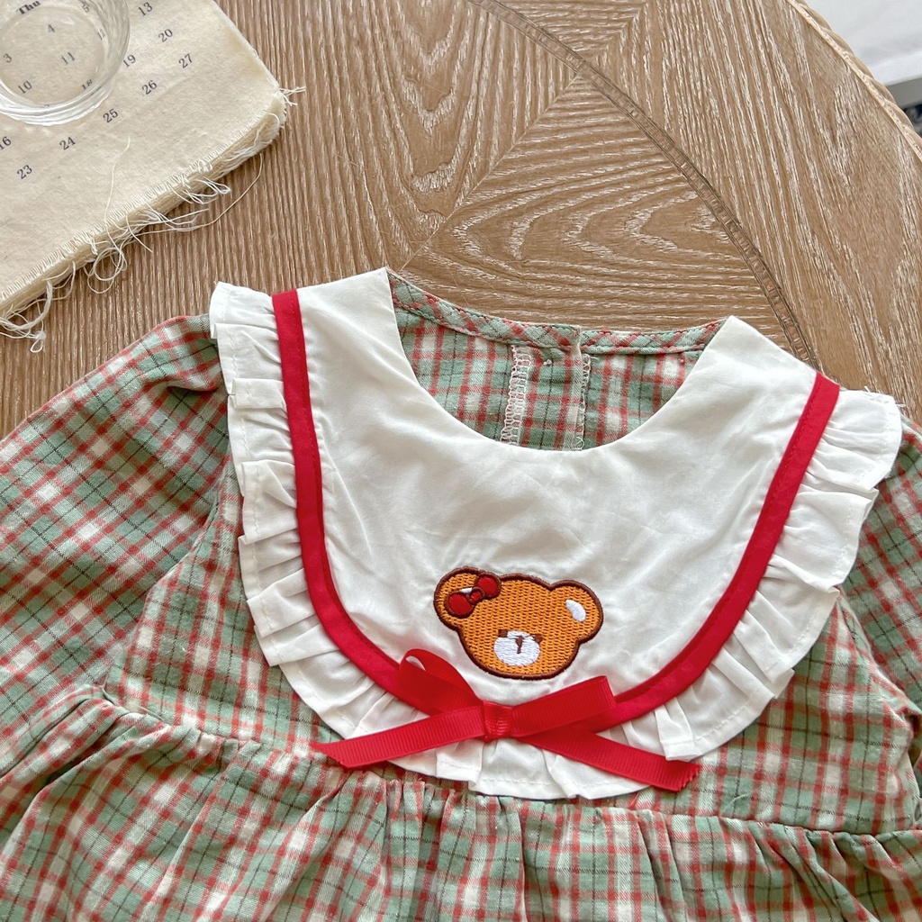 Đầm Công Chúa Họa Tiết Caro Đính Nơ Dễ Thương Thời Trang Mùa Thu Cho Bé Gái