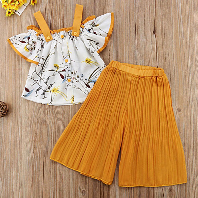 Set áo trễ vai + quần ống rộng họa tiết hoa cho bé gái