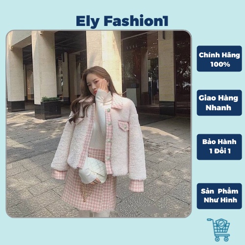 Set áo khoác len nữ giả lông Cừu chân váy cạp cao màu hồng