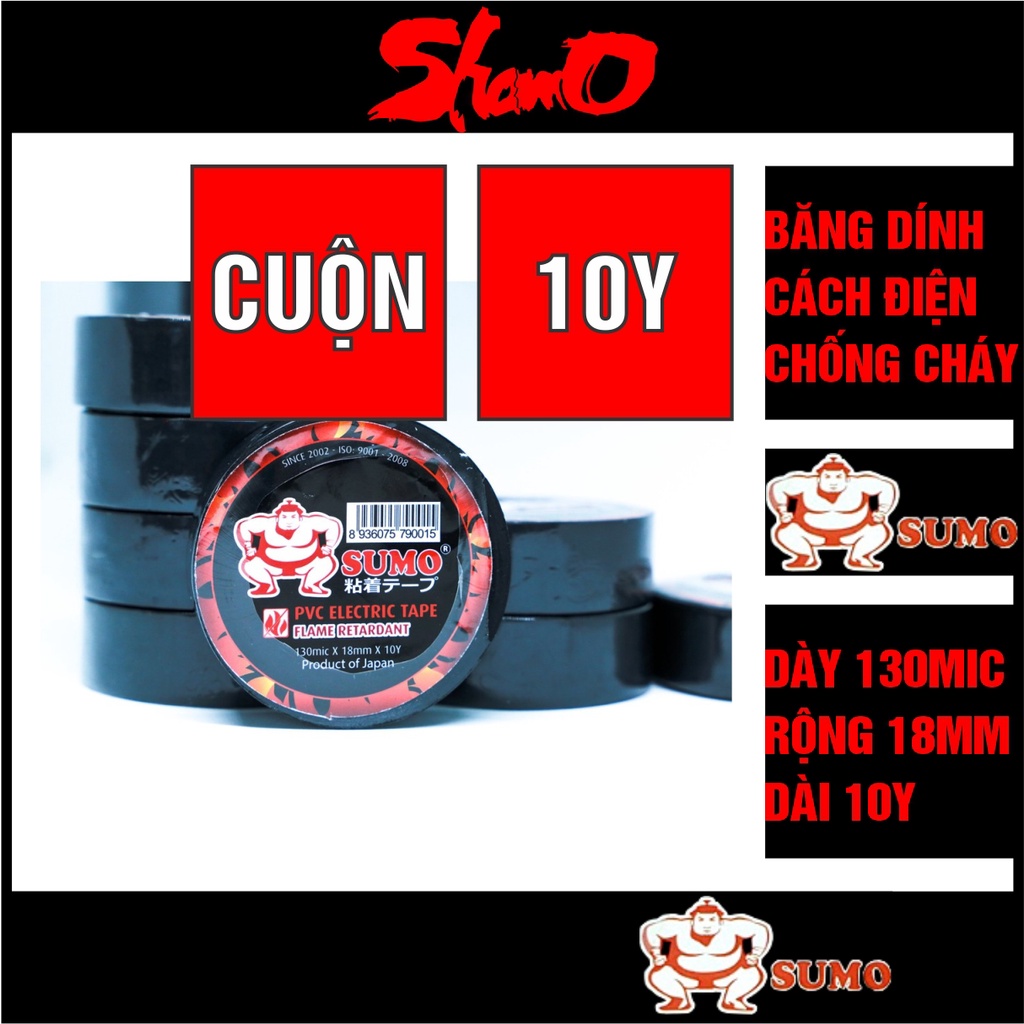 [ 1 cuộn KT: 130mic x 18mm x 10Y ] Băng dính điện Sumo – Hàng xuất Nhật Bản – Chống cháy lan cấp độ A