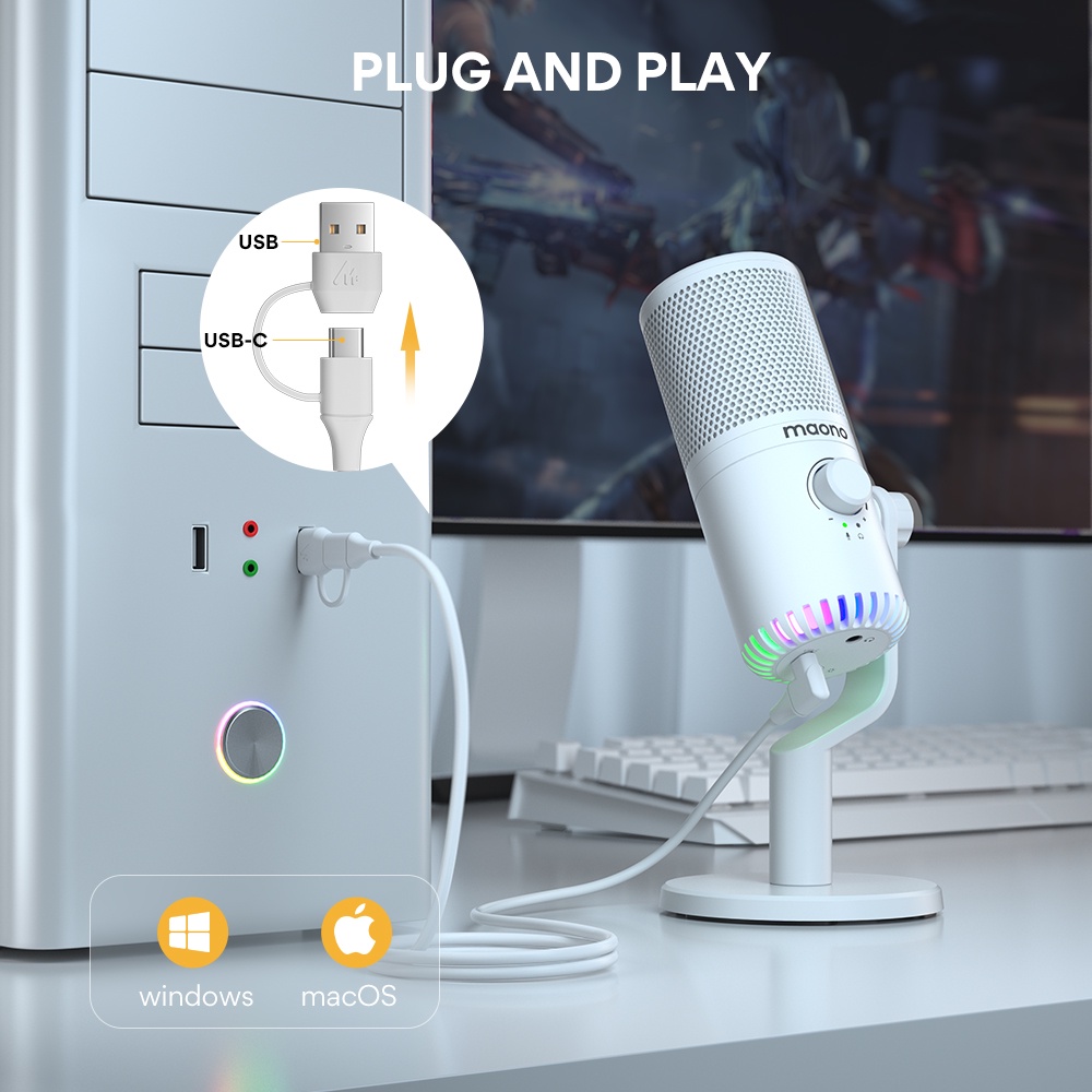 Micro thu âm MAONO DM30 USB trắng RGB thích hợp cho PC/ livestream/ ghi âm bài hát