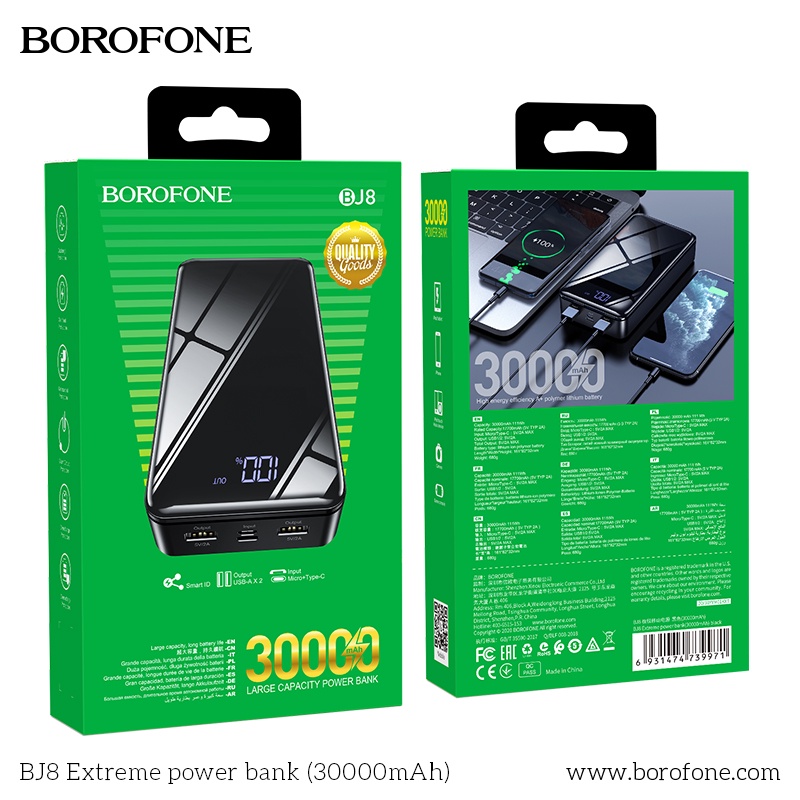 Pin sạc dự phòng 30000mAh BOROFONE BJ8 đèn LED hiển thị, 2 cổng ra 2A - Chính hãng