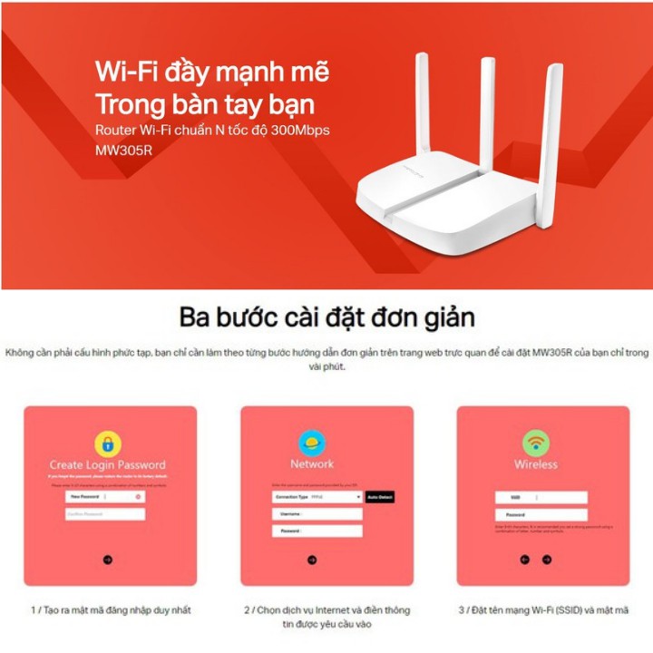 Phát Wifi Mercusys 3 râu MW305R chuẩn N 300Mbps , Thiết kế nhỏ gọn , cài đặt dễ dàng - bảo hành 5 năm