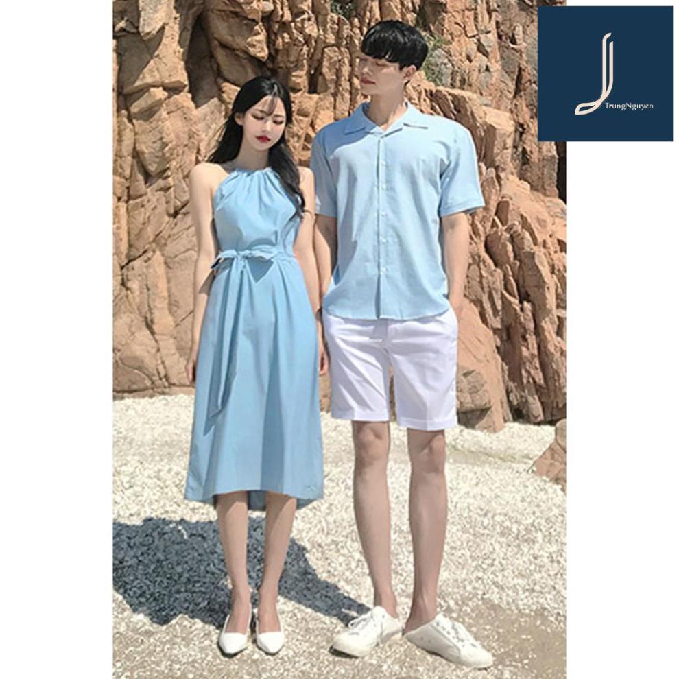 Áo đôi váy sơ mi cặp đi biển, du lịch, chụp cưới / Đồ đôi thời trang thiết kế nam nữ chất đẹp màu xanh HQCOUPLE AV177