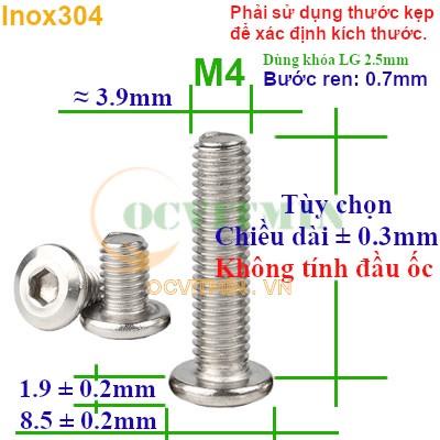 MM4I# - Ốc Lục Giác Đầu Dẹt Tròn M4 Inox 304 Hơi Hút Nam Châm