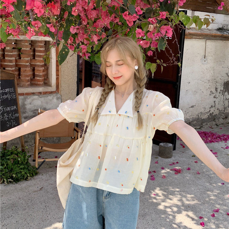 Áo kiểu tay ngắn cổ tròn thời trang Hàn Quốc