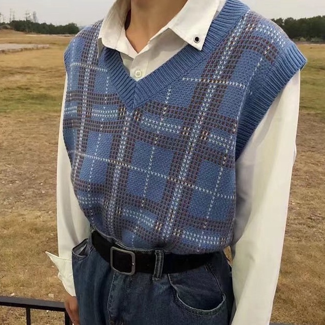 Áo gile nam dệt kim dáng ôm họa tiết sọc caro đơn giản phong cách hàn quốc thời trang thu đông cho fashion bigsize áo len vest unisex