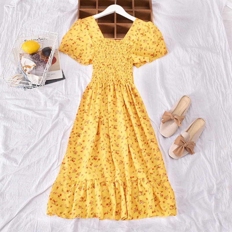 Đầm Midi Dài Dáng Chữ A Tay Ngắn Loe Cổ Vuông In Hoa Cài Nút Thời Trang Cho Nữ