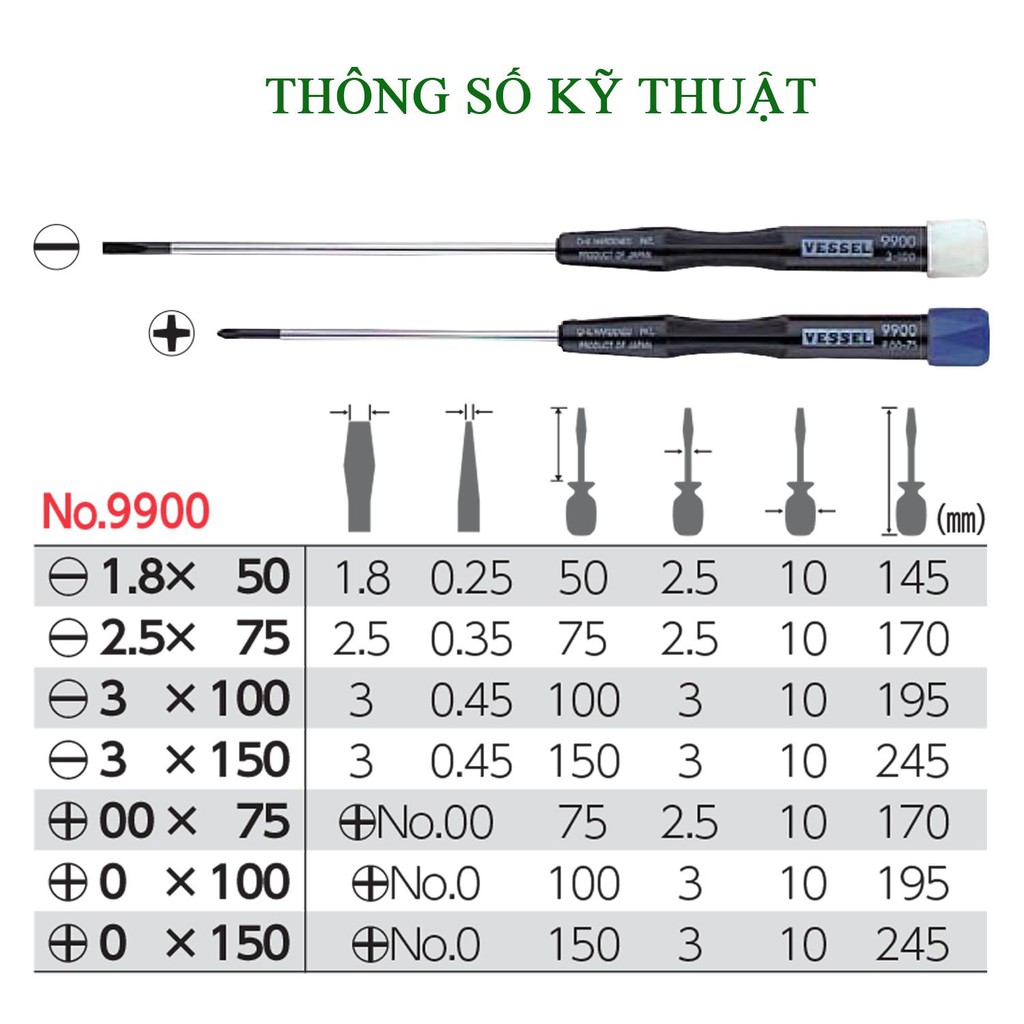 Tô vít dẹt 2 cạnh Vessel No.9900-2.5×75 (Japan)