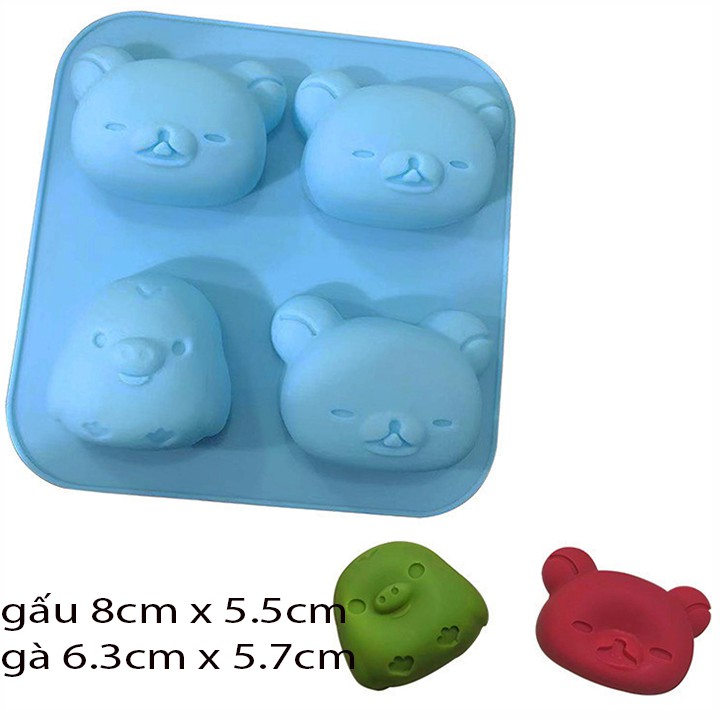 HCM - Khuôn silicon hình to làm bánh bông lan, rau câu viên, xà bông hình gấu Rilakkuma gà Kitori 4 cái