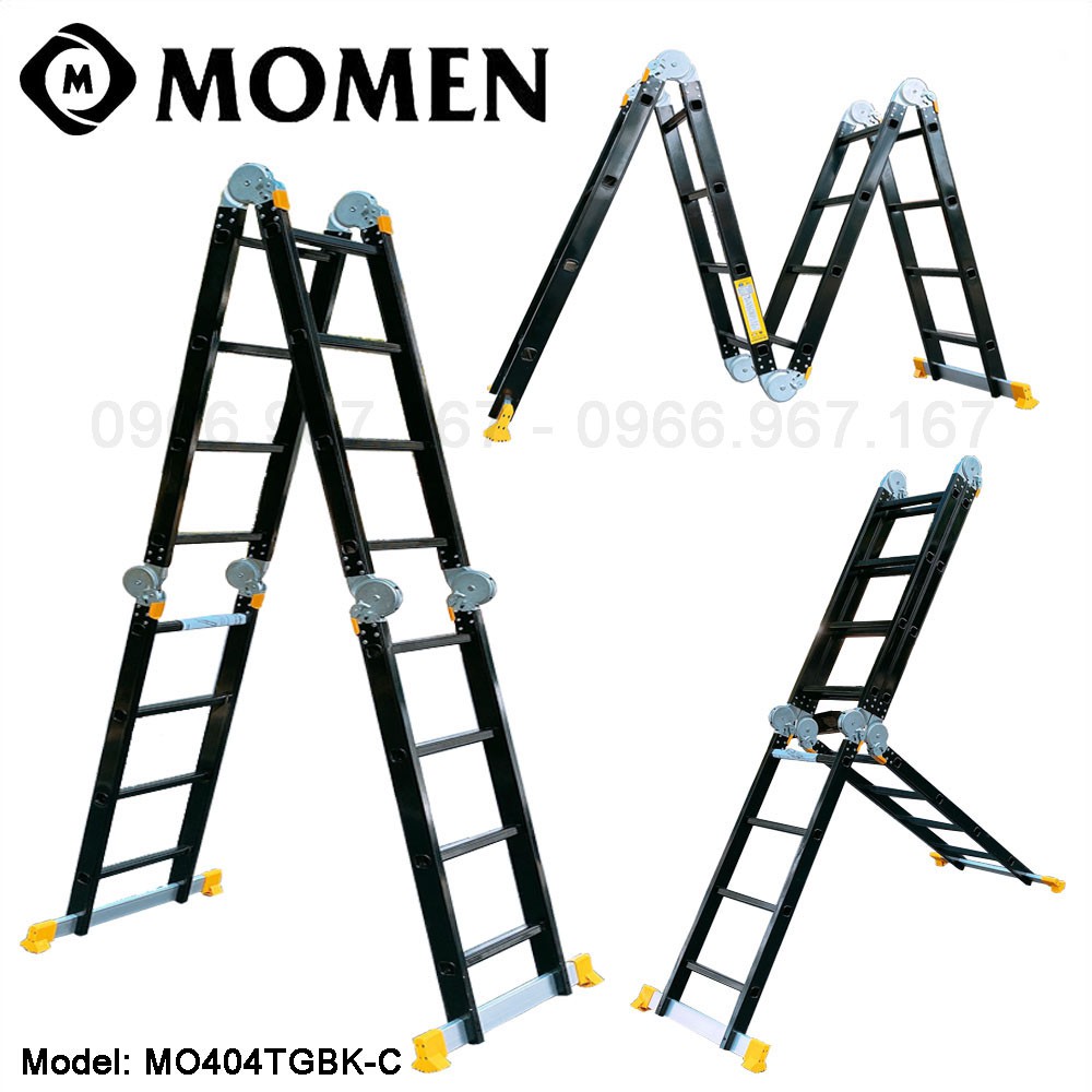 Thang nhôm gấp 4 đoạn nhập khẩu chính hãng MOMEN MO404TGBK-C (chữ A -2 .4m, chữ I - 4.8m)