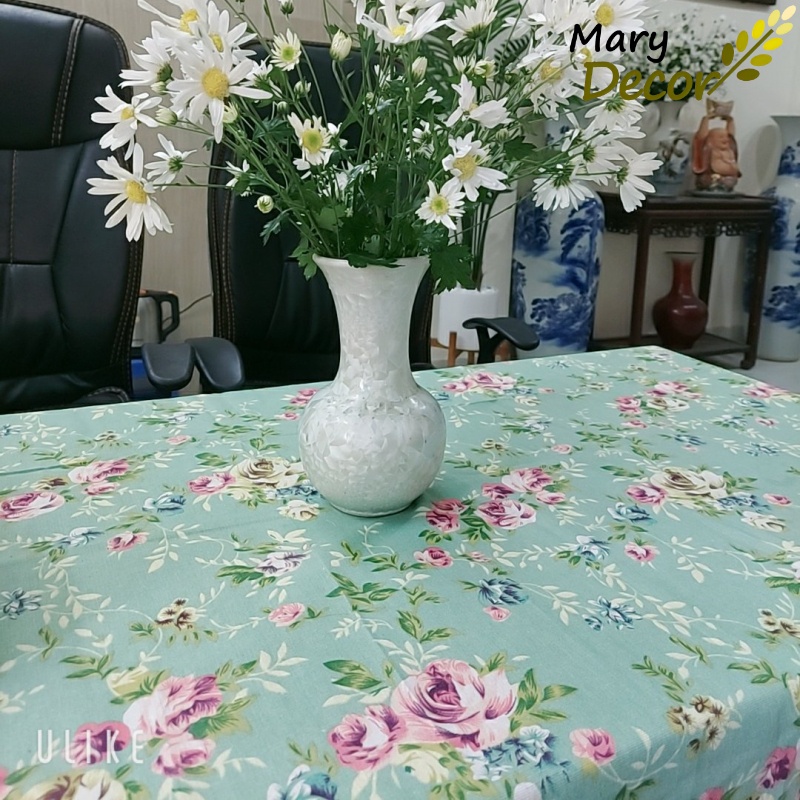 Khăn trải bàn ăn Mary Decor bằng vải lanh cotton chống bụi, Quà tặng 8-3 - họa tiết Hoa xanh vintage - KB-K04