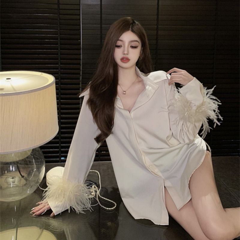 Cổ Phiếu Sẵn Sàng❤Ah F &amp; X Áo Sơ Mi Satin Phối Lông Xù Phong Cách Nữ Thần Cá Tính Thời Trang 2022