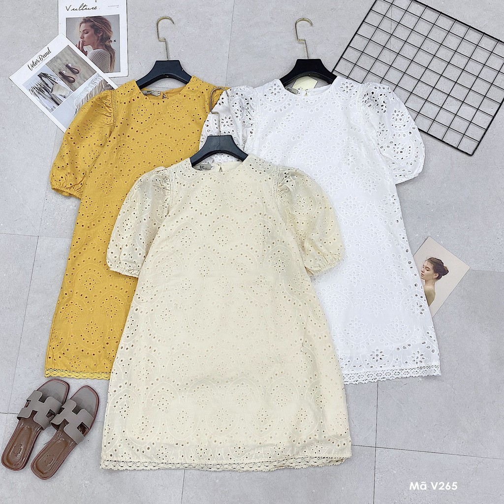 Váy suông phối ren, cổ tròn, tay phồng bo chun, đầm xuông freesize 3 màu vàng, trắng, be mã V265 - Michi's House | BigBuy360 - bigbuy360.vn