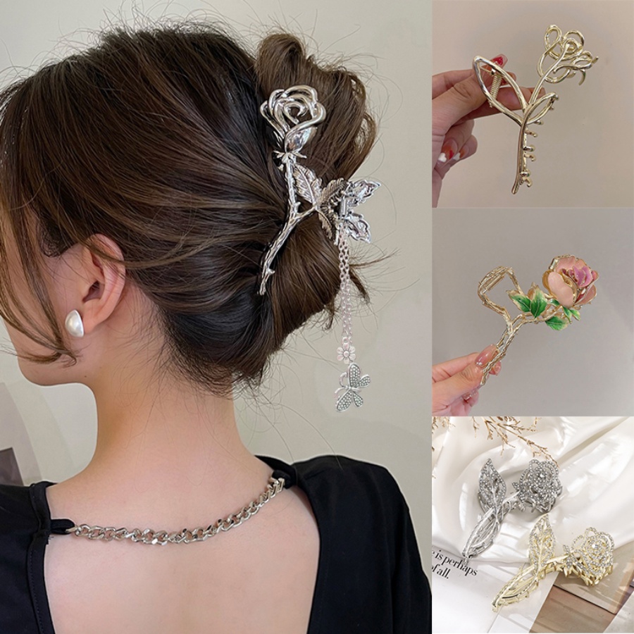 Kẹp Tóc Kim Loại Hình Hoa Hồng Đính Đá Phong Cách Hàn Quốc
