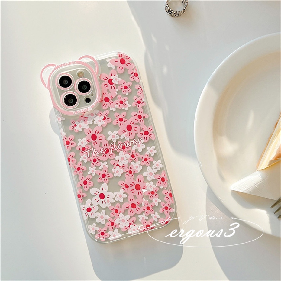 Ốp Điện Thoại Mềm Họa Tiết Hoa Và Tai Gấu Cho iPhone 14 13 12 11 Pro Max SE2020 X XR Xs Max 7 8 6 6s Plus