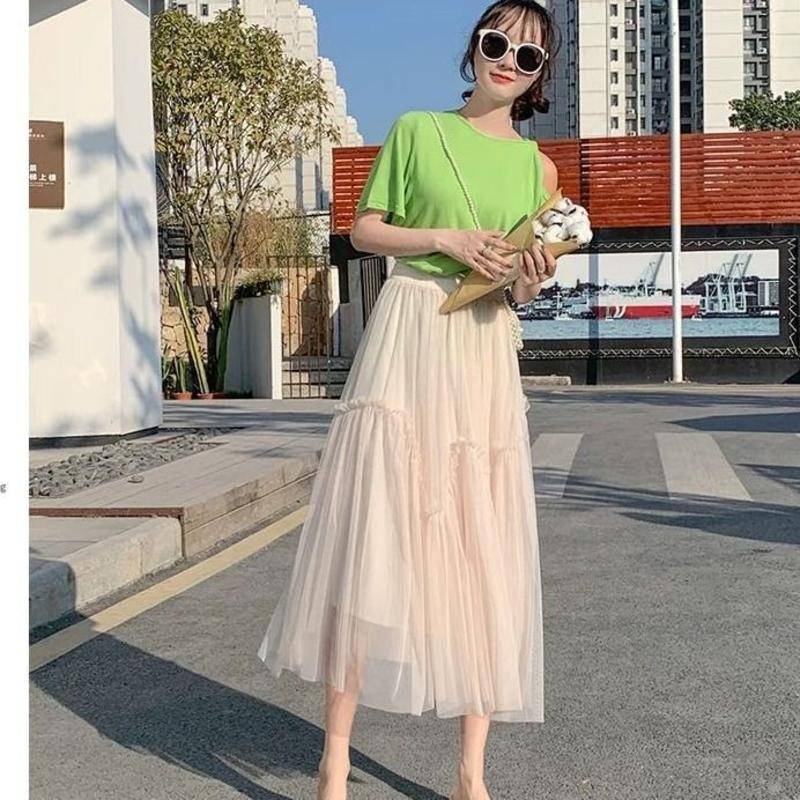 Chân Váy Lưới Dài Qua Gối Màu Hồng Phong Cách Công Chúa Cho Nữ