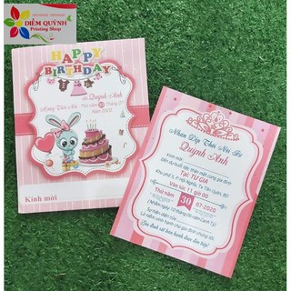 thiệp thôi nôi màu hồng cho bé gái. Mẫu Bé Thỏ dễ thương