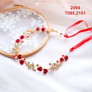 bộ cài tóc cô dâu kèm bông tai hoa đỏ nhí