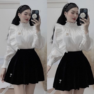 Áo Sơ Mi Kiểu Ms.0248 Áo Sơ Mi Thiết Kế Bèo Vai Cổ Tàu Dáng Suông, Chất Tơ Óng, Kèm Hình Thật