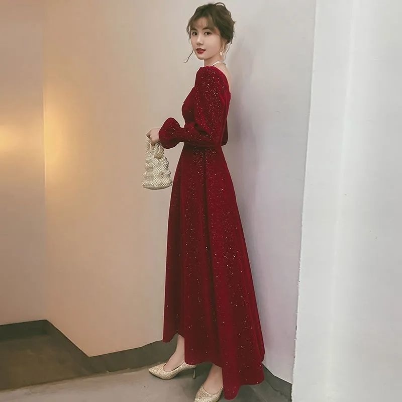 Đầm dài cổ vuông màu đỏ rượu thời trang thu đông thanh lịch dành cho nữ