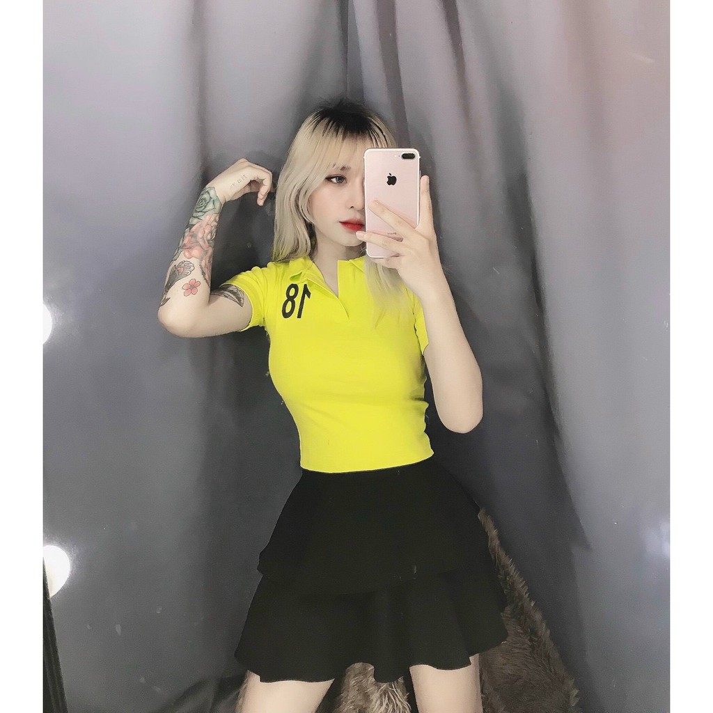 áo croptop cổ bẻ polo in số 18 xinh, đi chơi đi học