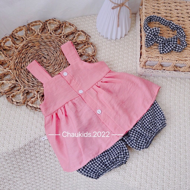 [ XẢ HÀNG] Bộ hè bé gái, bộ áo 2 dây chất đũi cài cúc phối quần thô kẻ và turban cho bé