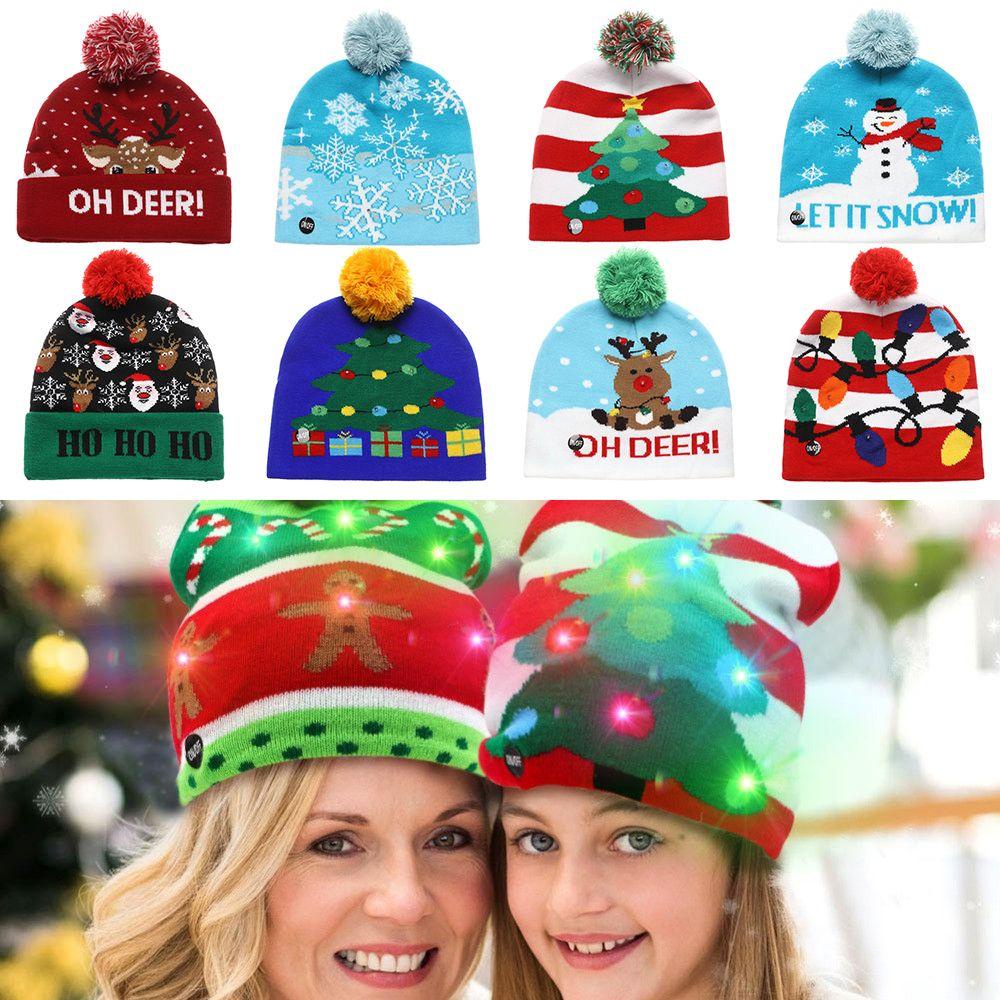 Mũ Len Beanie Có Đèn LED Hoạ Tiết Giáng Sinh