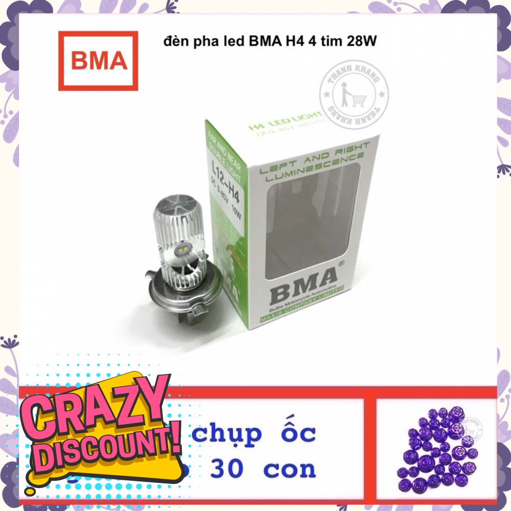 Đèn pha led BMA H4 4 tim 28 W, tặng bộ chụp ốc ngôi sao 30 con màu tím thanh khang 001000096 006000563