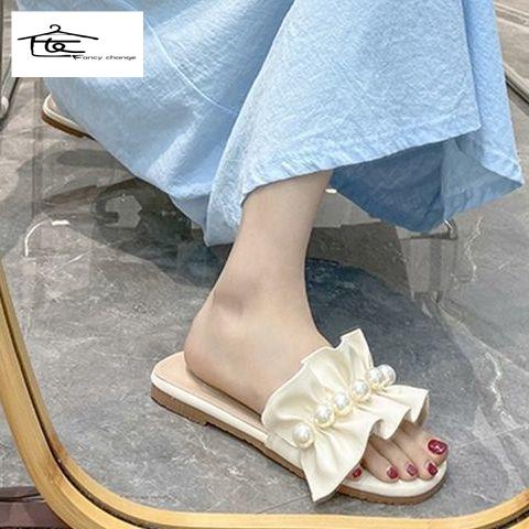 Dép Sandal Đế Bằng Quai Ren Đính Ngọc Trai Thời Trang