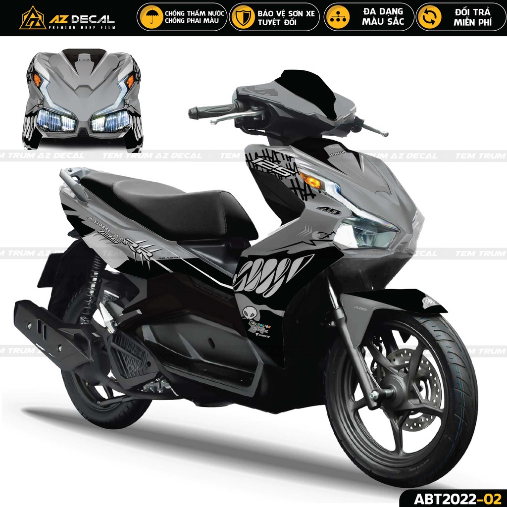 Tem Trùm Airblade Phong Cách Cá Mập | ABT2022-02 | Decal Dán Xe AB 2020 - 2022 Đẹp Màu Xám, Vàng, Đỏ, Xanh