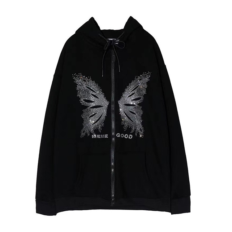 IELGY    Áo Khoác Hoodie Dáng Rộng Có Khóa Kéo In Họa Tiết Bướm Phong Cách Hàn Quốc Cho Nữ