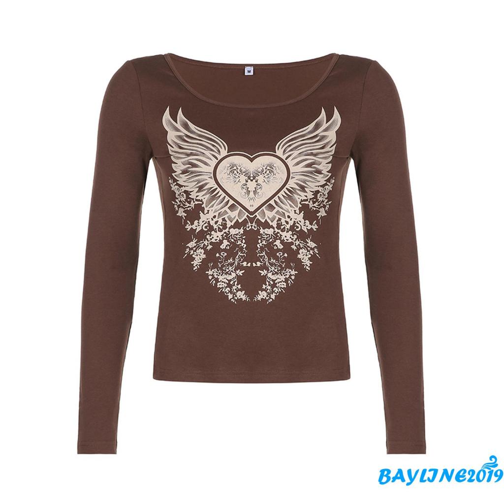 Bay-áo Thun Tay Dài Cổ Tròn In Họa Tiết Màu Nâu Ôm Dáng Size S / M / L Dành Cho Nữ