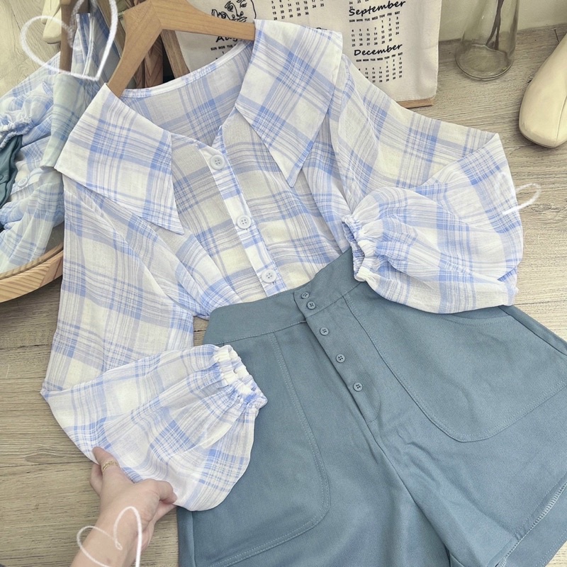 Set áo kẻ xanh tay bồng cổ nhọn + quần short gài nút [kèm hình thật]