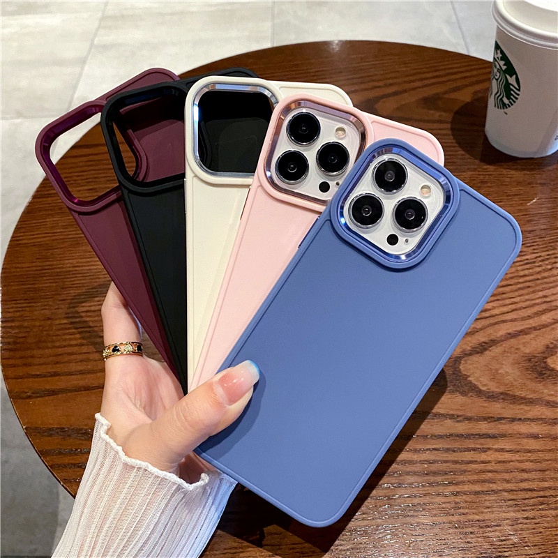 Ốp Điện Thoại Cứng Trong Suốt Viền Kim Loại Màu Kẹo Ngọt Chống Sốc Cho iPhone 11 12 13 Pro Max