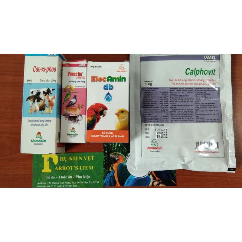 COMBO 1 canxiphos +1 calphovit +1 elecamin +1 vimectin chai 20ml (VEMEDIM) PHỤC VỤ CHIM,VẸT, YẾN PHỤNG