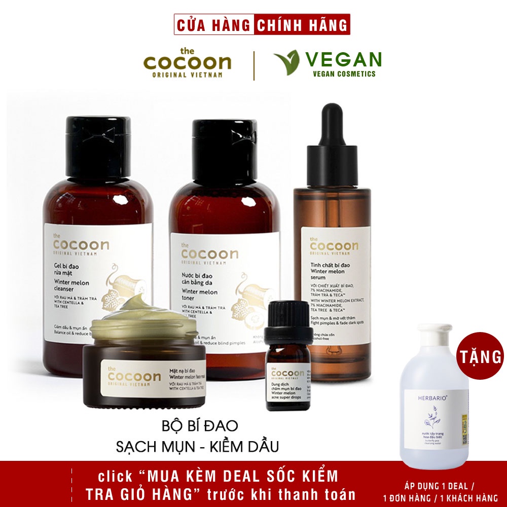 Bộ 5 chăm sóc da mụn chuyên sâu: Gel + Toner + Serum + Mặt nạ + Chấm mụn bí đao cocoon