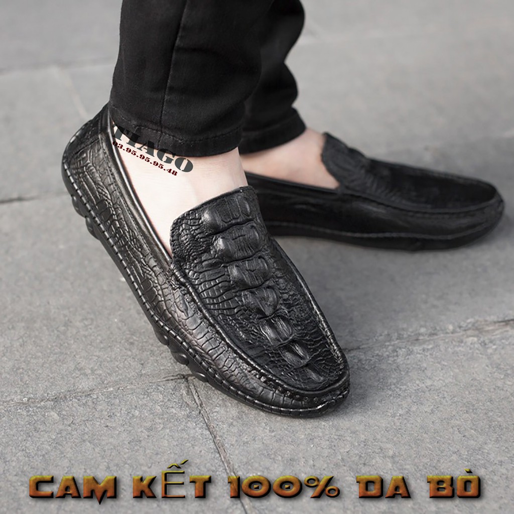 giày lười da bò nam Vân Cá Sấu - Da Bò Nguyên Tấm 100% - Đế Cao Su Đúc Mềm -  CS05