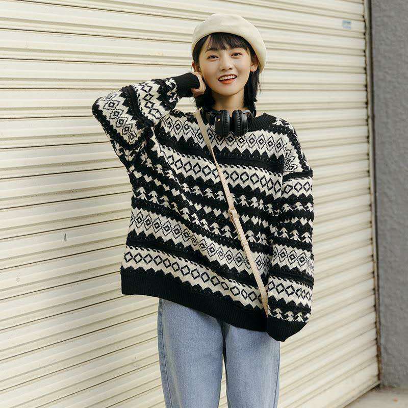 Áo len dáng rộng cổ tròn kiểu học đường phong cách Harajuku cổ điển mới dành cho nữ