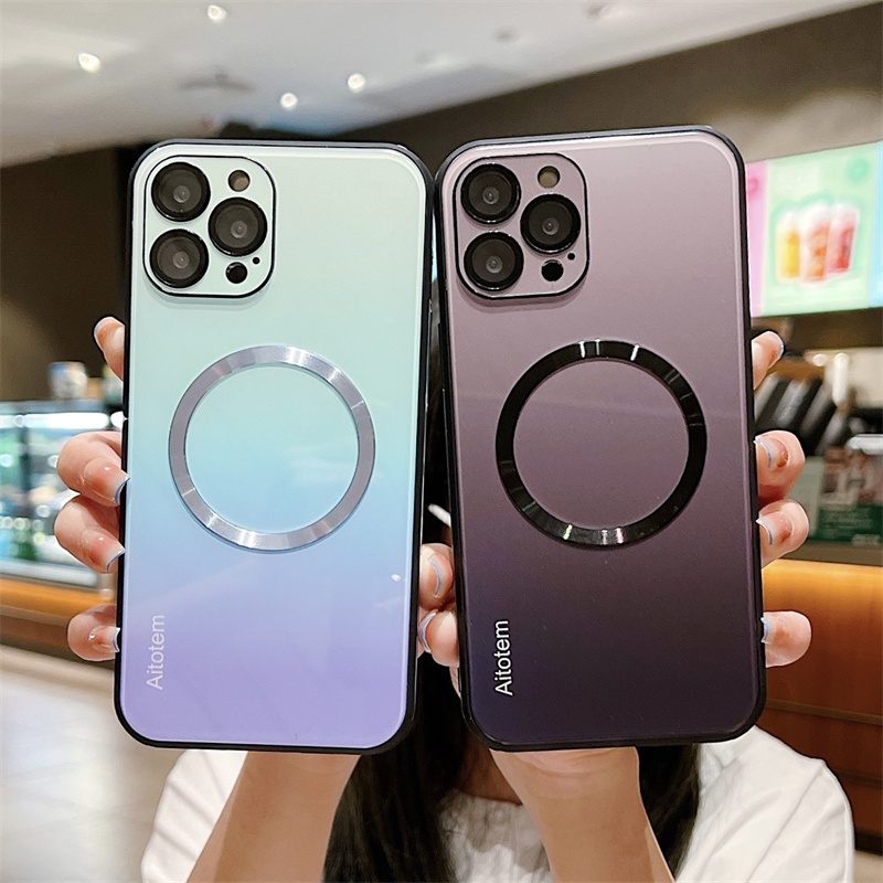 Ốp Điện Thoại Kính Cường Lực Cứng Màu Gradient Từ Tính Cho iPhone 11 12 13 Pro Max