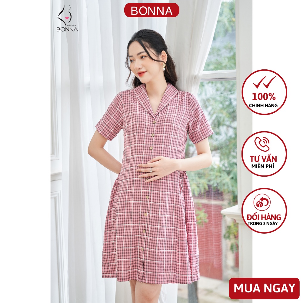 Đầm bầu công sở BONNA chất liệu vải đũi cao cấp, đứng form dễ mặc, khuy cài tiện lợi, phối cổ bẻ chữ V thanh lịch VS162