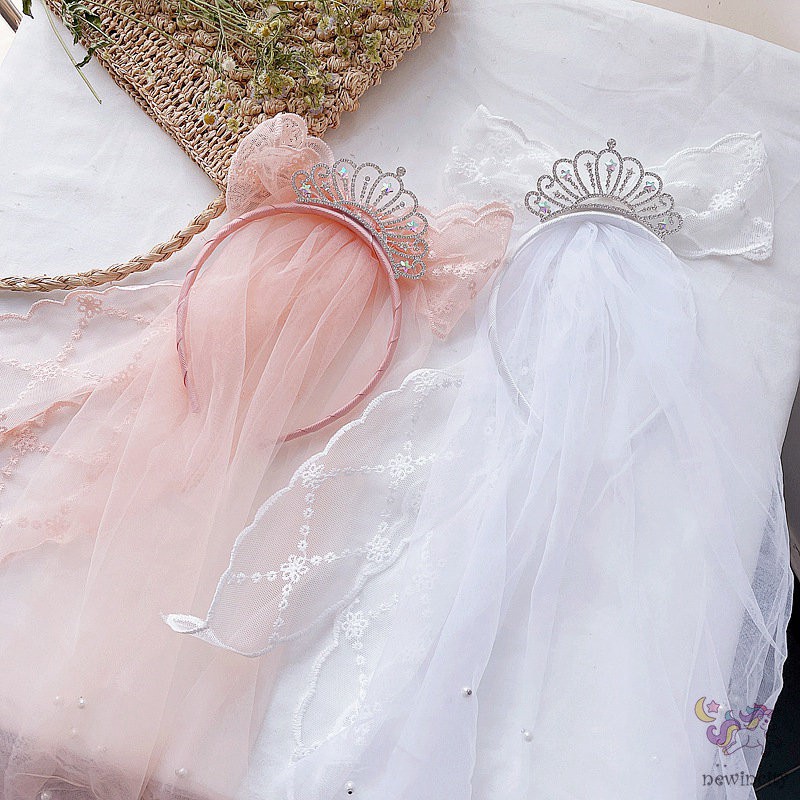 Băng Đô Cài Tóc Hình Vương Miện Đính Đá Phối Ren Phong Cách Hàn Quốc Cho Bé Gái