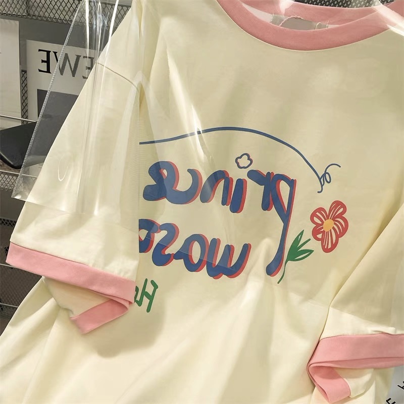 Áo Thun Dáng Rộng Màu Sắc Tương Phản Dễ Phối Đồ Thời Trang Mùa Hè Phong Cách Hàn Quốc Cho Nữ