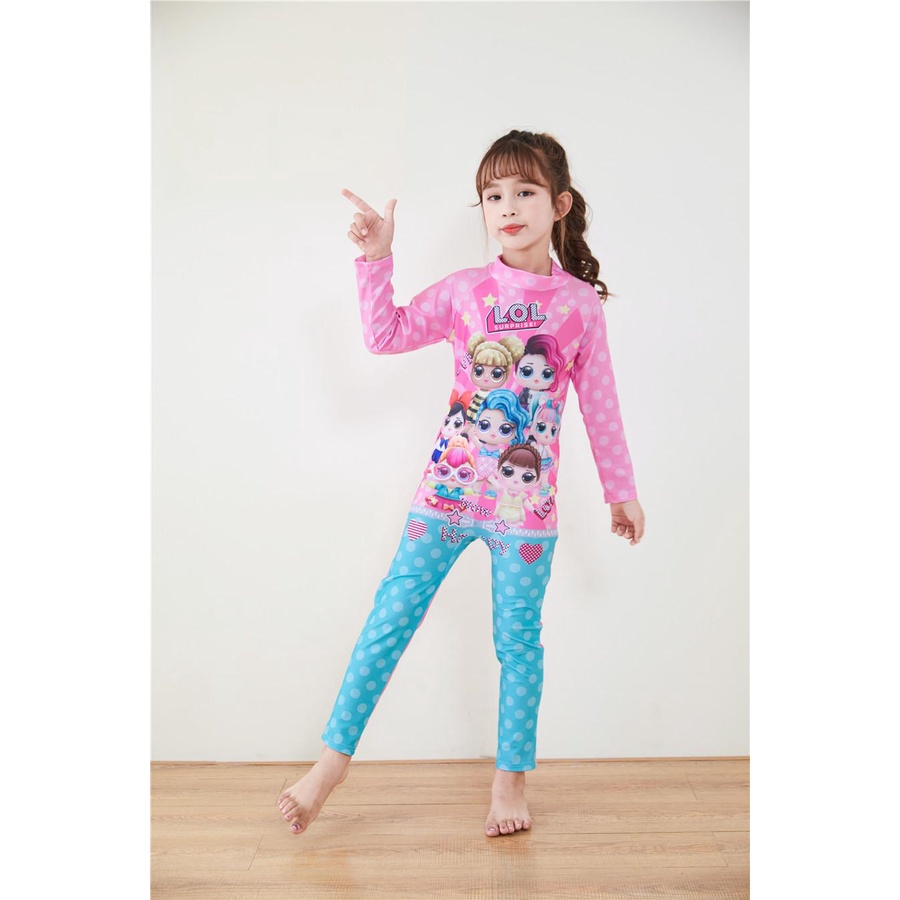 Đồ bơi bé gái liền thân họa tiết CÔNG CHÚA KỲ LÂN tay dài quần dài Full body bao gồm nón bơi (Mẫu mới 2022)